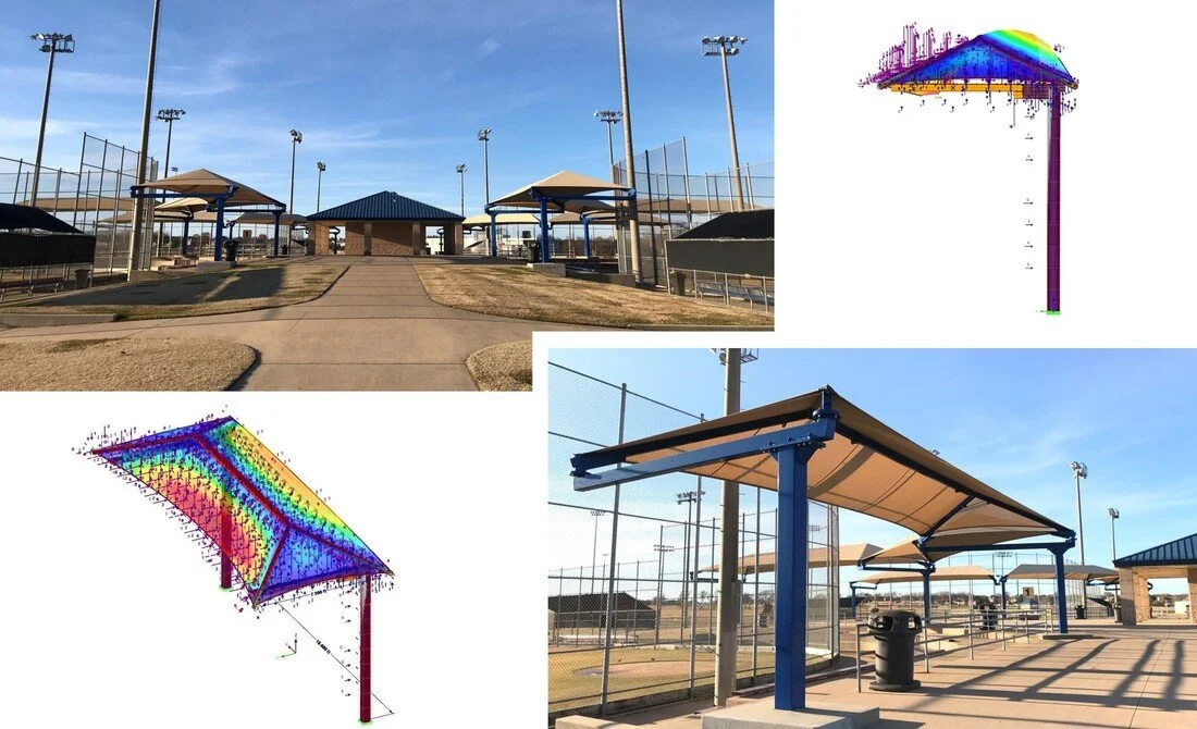 Field application of shade canopy systems, where structural analysis ensures reliable performance under wind exposure and long-term service conditions.