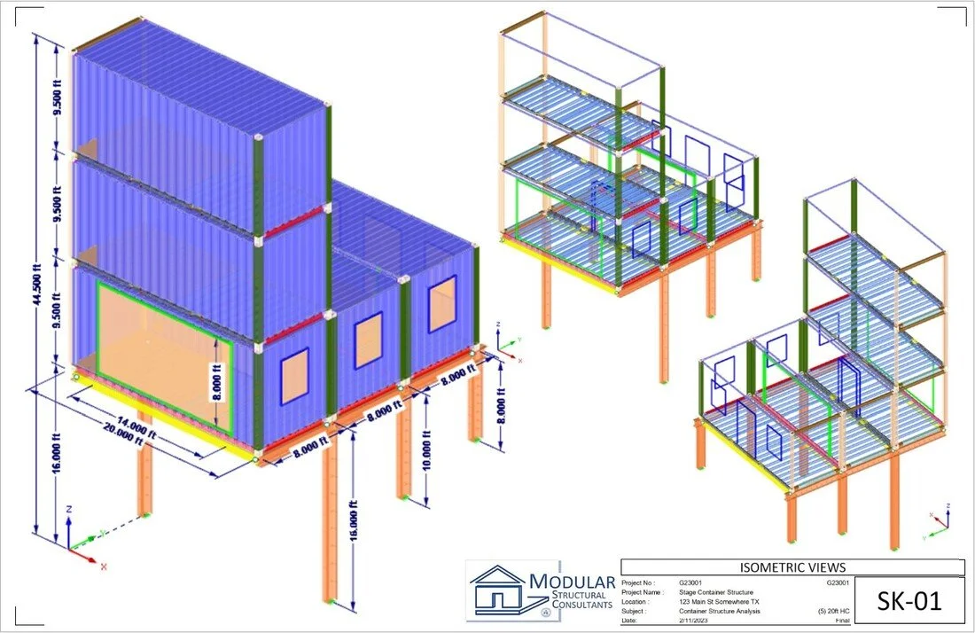 Overall Isometric Layout (SK-01) - Multi-container configuration with integrated steel framing, clearly defining load paths, elevations, and structural relationships—providing a complete visual understanding of how the system performs as a whole.