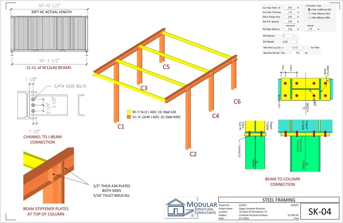 Steel Framing & Connection Details (SK-04) - Comprehensive framing system with beam-to-column and connection detailing, ensuring constructability while maintaining structural integrity and load continuity.