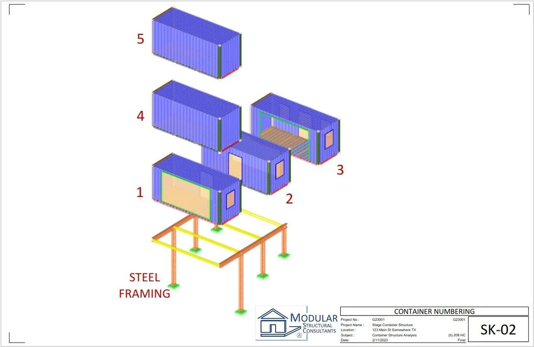 Container Numbering & Assembly Sequence (SK-02) - Step-by-step container identification and placement strategy, helping streamline construction sequencing, coordination, and clarity in complex multi-module layouts.
