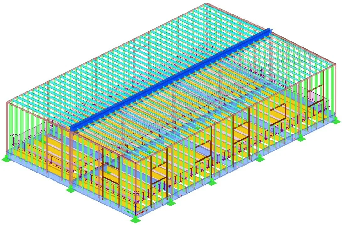 3D structural model of industrial modular building system, illustrating load paths, framing layout, and distribution of gravity and lateral forces.