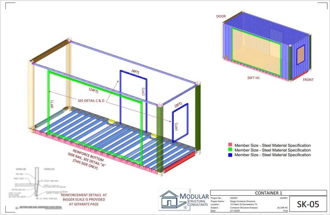Container Modification – Large Opening (SK-05) - Engineered reinforcement strategy for large wall openings, showing how structural capacity is maintained despite significant removal of original container elements.