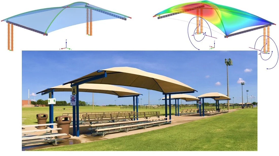Parametric structural model illustrating membrane geometry and load distribution across curved canopy surfaces, capturing the interaction between tensioned fabric and supporting frame.
