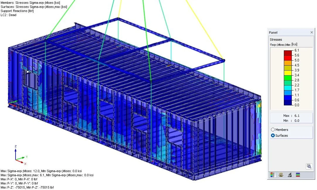 Global lifting analysis model of a modular unit showing structural stress response under rigging loads.