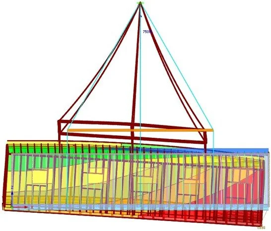 Longitudinal lifting analysis showing structural behavior and displacement along the full module length during hoisting.