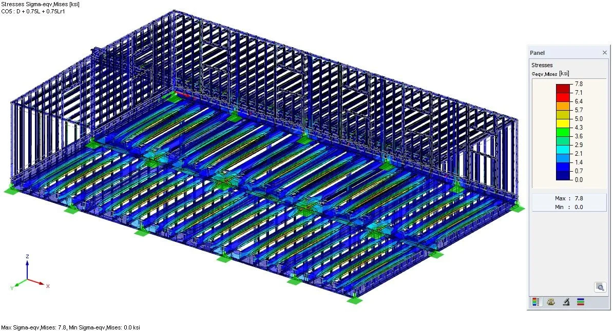 Finite element stress analysis of floor framing system, identifying critical load transfer zones and member utilization under combined loading.