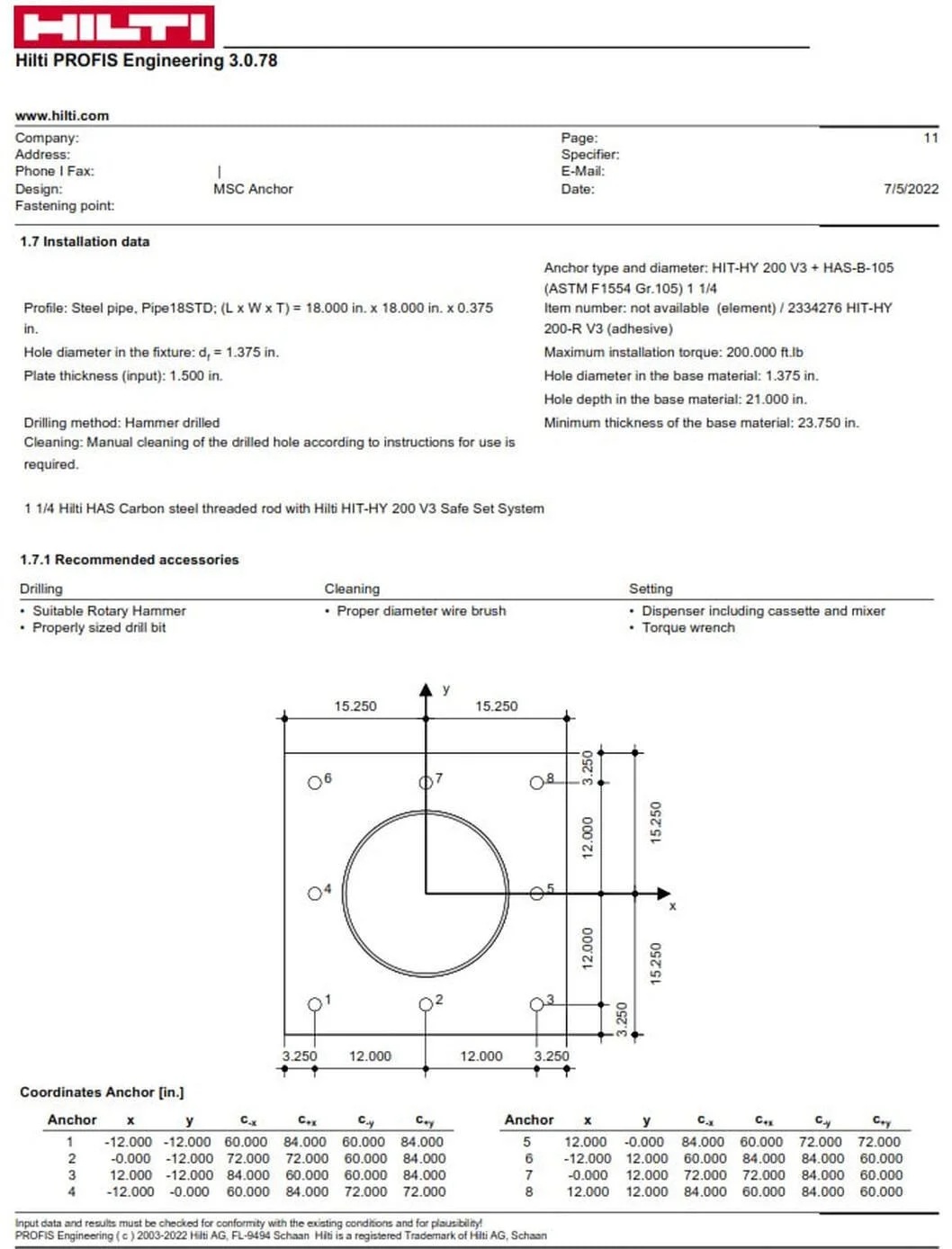 Anchor installation and layout drawing showing bolt spacing, edge distances, plate geometry, and recommended installation data.