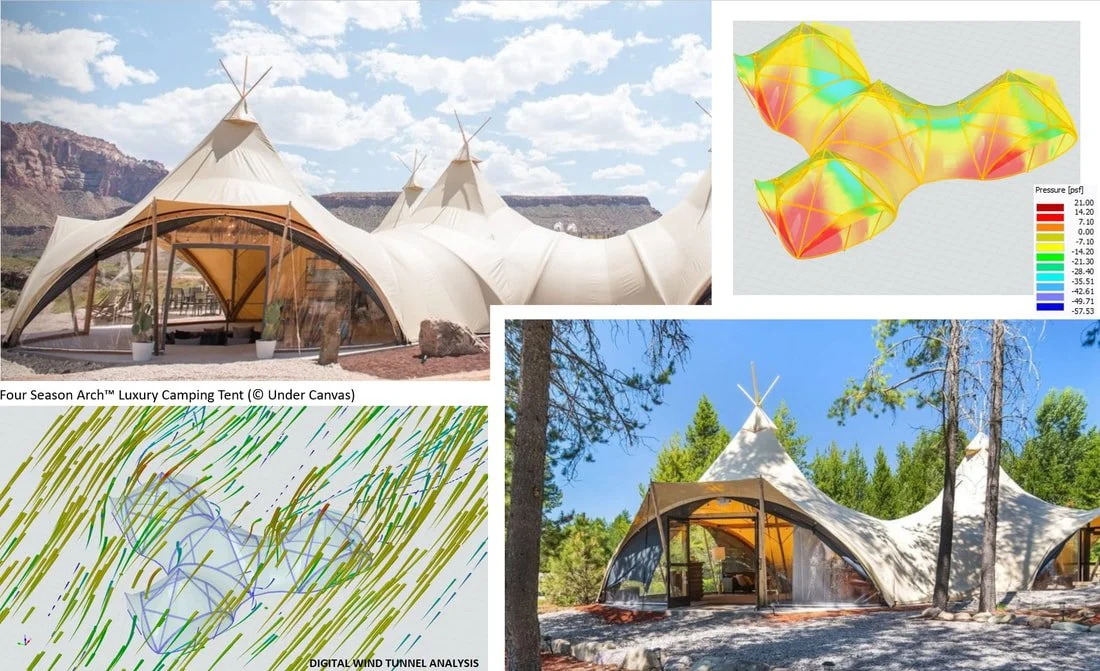Integrated analysis of tensile architectural structures combining wind tunnel simulation, pressure mapping, and membrane behavior to evaluate performance under complex environmental loading.