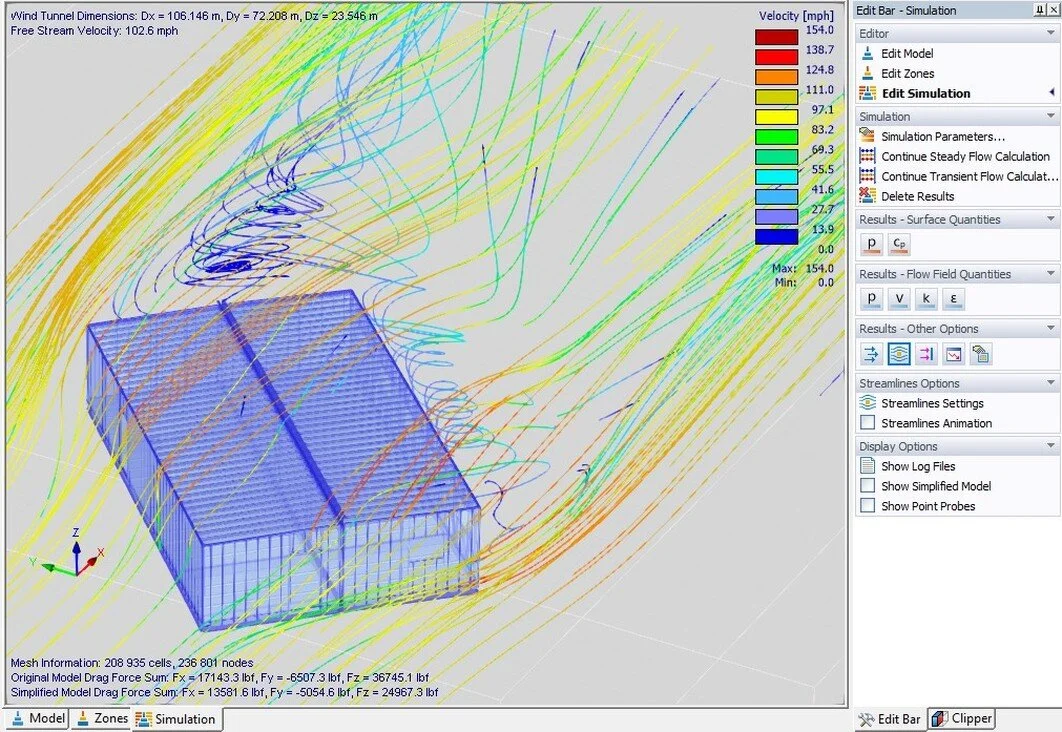 Detailed airflow visualization highlighting localized turbulence and flow separation effects impacting building surfaces and structural demand.