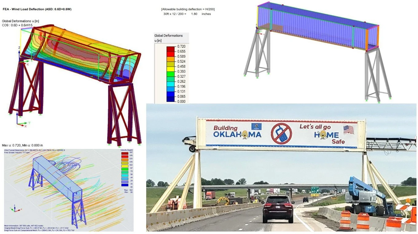 ​53ft Conveyor Bridge Over an Interstate Highway. Wind load deflection analysis of an elevated container structure, showing global deformation response, lateral wind effects, and comparison with the completed installed condition.