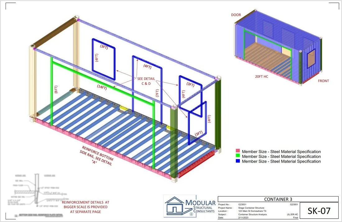 Container Modification – Multiple Openings (SK-07) - Advanced modification layout demonstrating how multiple penetrations are structurally managed without compromising overall stability.