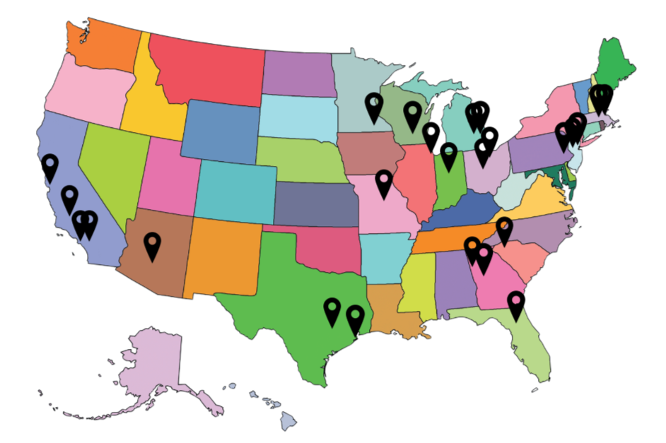 Map of the United States with each state in a different color and black location markers indicating specific points in California, Texas, Florida, New York, Ohio, Illinois, Michigan, Pennsylvania, New Jersey, and New Hampshire.