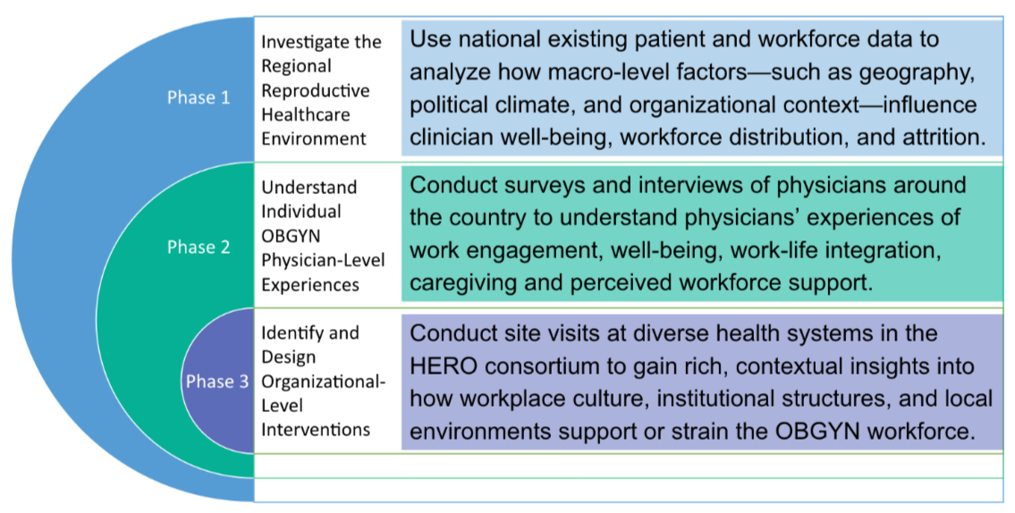 Color-coded diagram with three phases for researching healthcare workforce. Phase 1 in blue: investigating regional healthcare environment. Phase 2 in green: understanding physician experiences through surveys and interviews. Phase 3 in purple: conducting site visits to health systems for organizational insights.