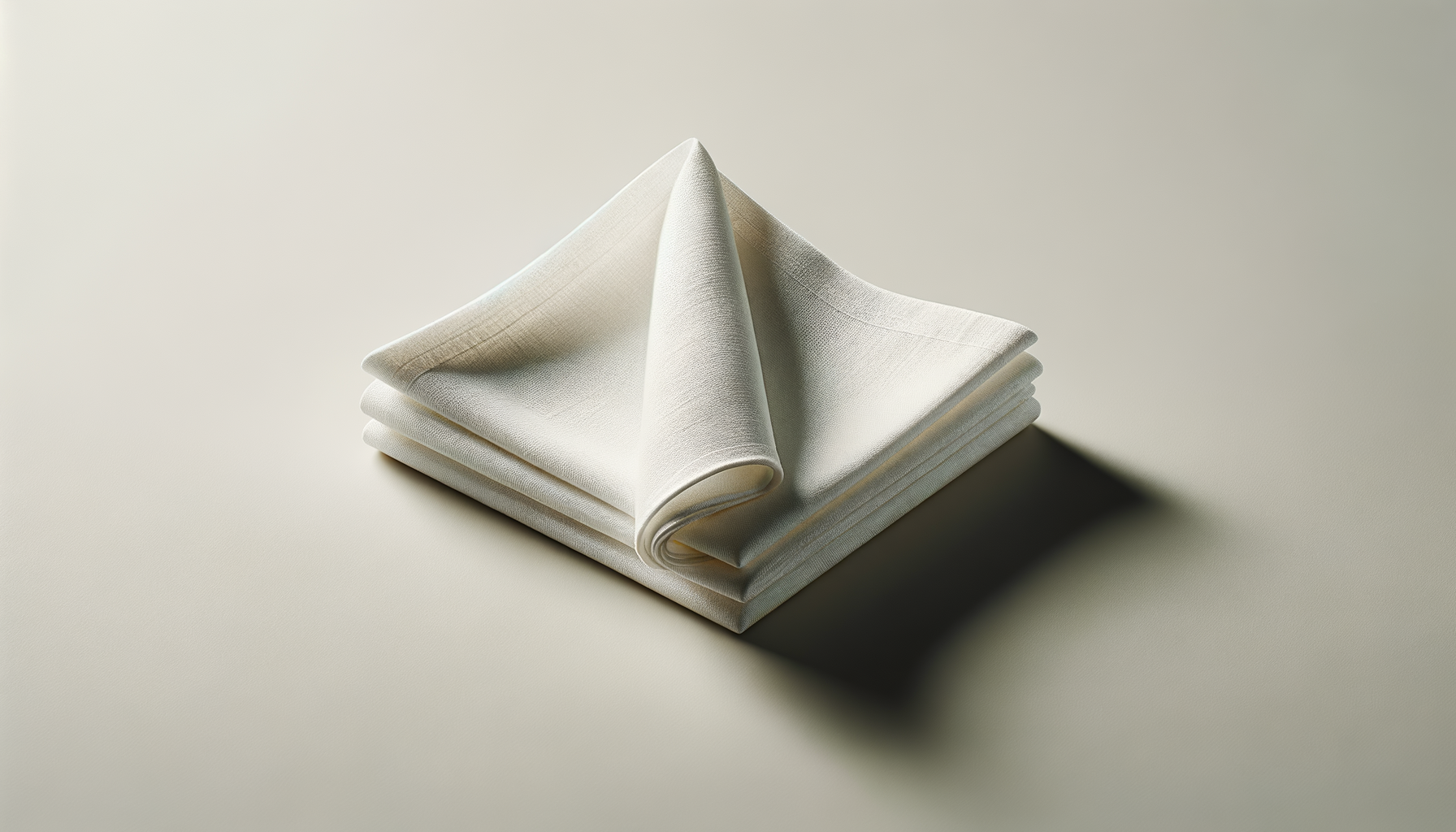 A neatly folded off-white cloth napkin with one corner folded into a pyramid shape, casting a shadow on a light surface.
