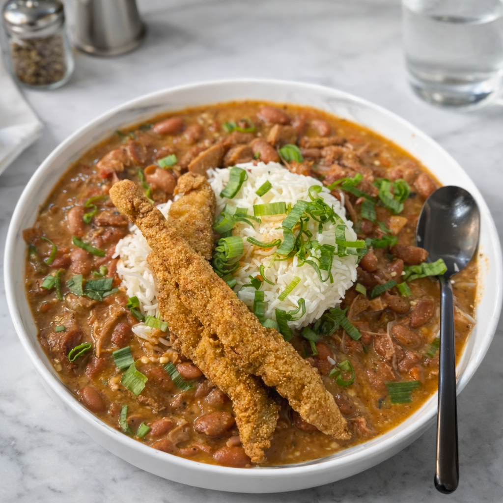 Bowl of chili with a fried fish fillet, shredded cheese, and green onions, served with a spoon on a gray marble table.