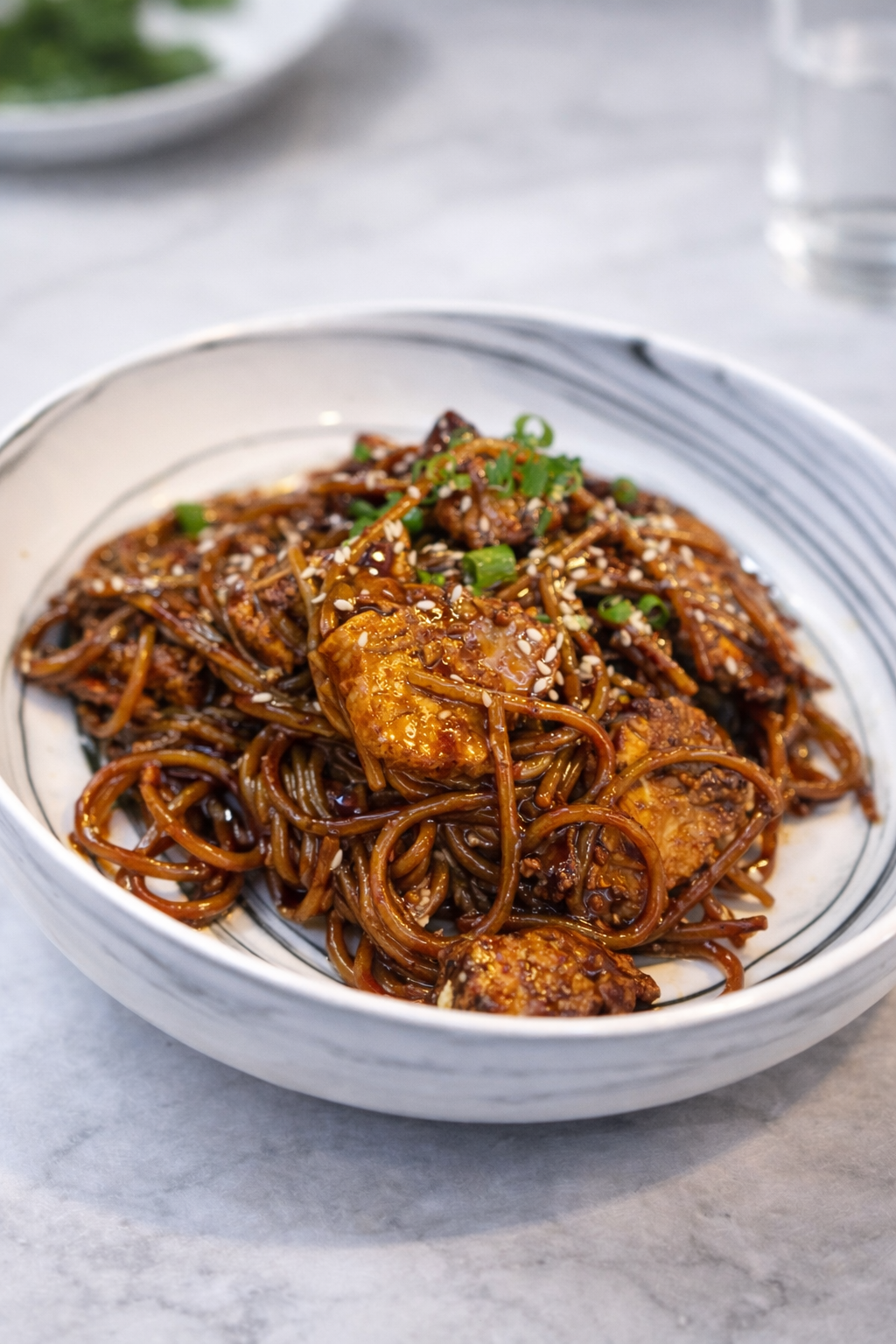 Asian noodle dish with chicken, garnished with chopped green onions and sesame seeds in a white bowl.