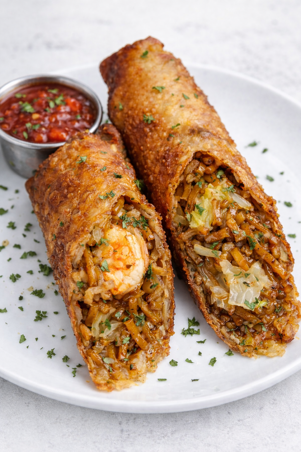 A plate of two stuffed egg rolls with a side of red dipping sauce, garnished with chopped parsley.