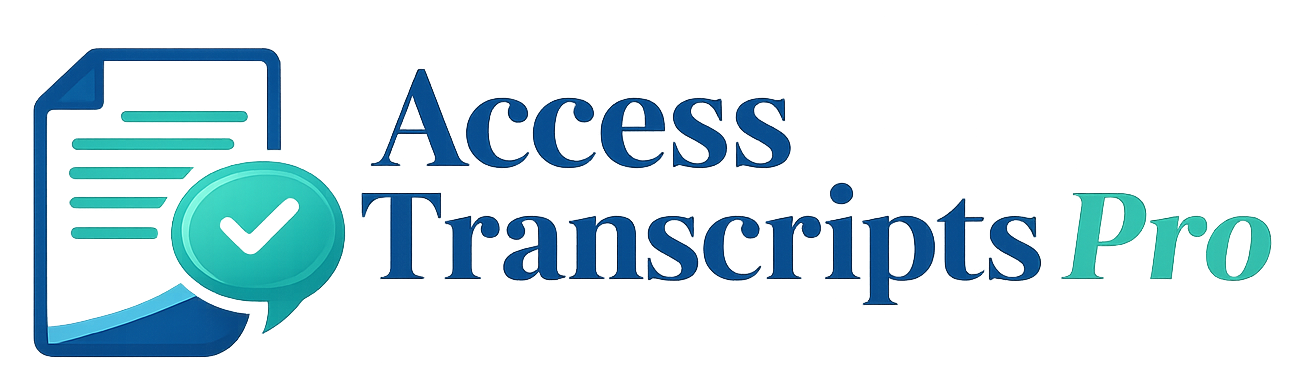 Logo for Access Transcripts Pro showing a blue-and-teal icon of a document with a checkmark, and the words "Access Transcripts Pro" in blue and teal text.
