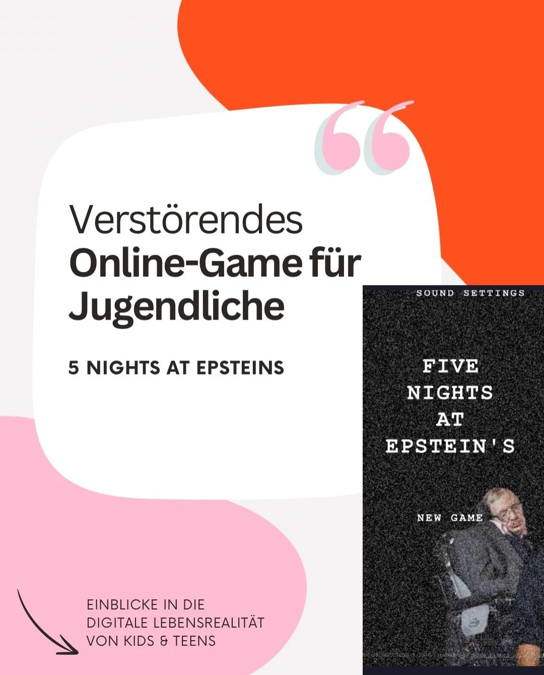 &bdquo;Five Nights at Epstein&rsquo;s&ldquo; (FNAE)ist mehr als nur ein gruseliger Online-Trend ..es ist eine medienp&auml;dagogische Herausforderung die aktuell viele Schulen und Elternh&auml;user erreicht. 

Was auf den ersten Blick wie eine harmlo