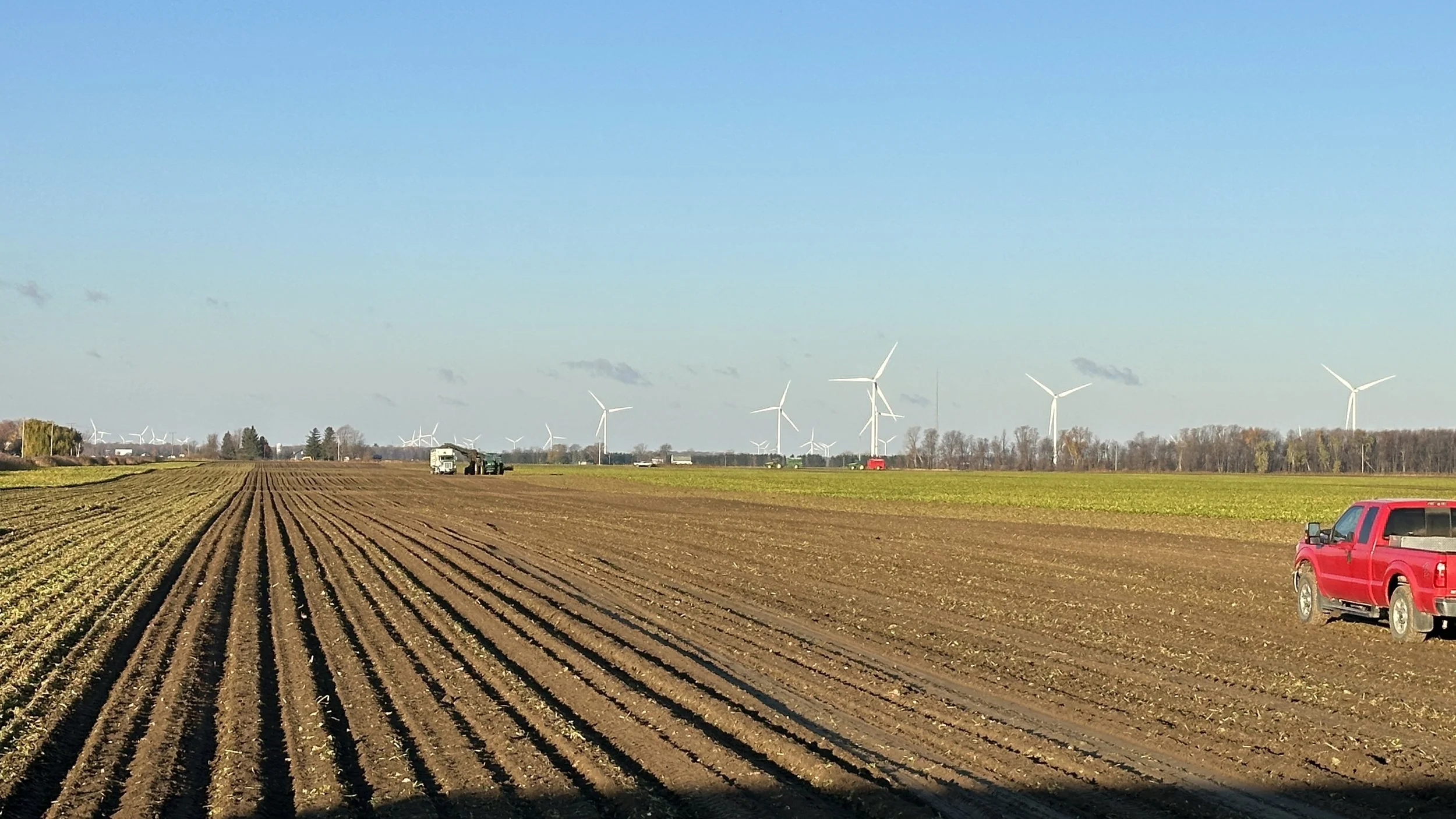 Open farmland with freshly tilled fields, a red pickup truck parked on the right, and wind turbines in the background under a clear blue sky.