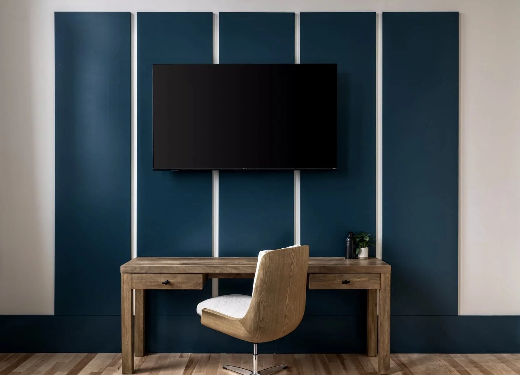 custom design tv wall painted blue planks.jpg