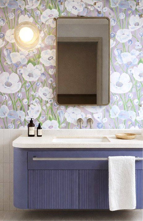 purple bathroom floral wallpaper - learn how to design unique interiors - violette phoenix.jpg