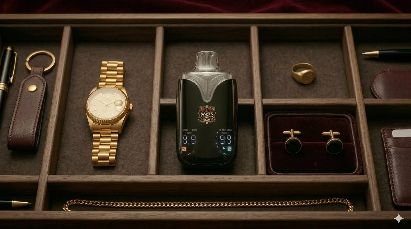 A wooden jewelry box containing various items, including a gold watch, a poker-themed lighter, cufflinks, a gold ring, a wallet, and pens.