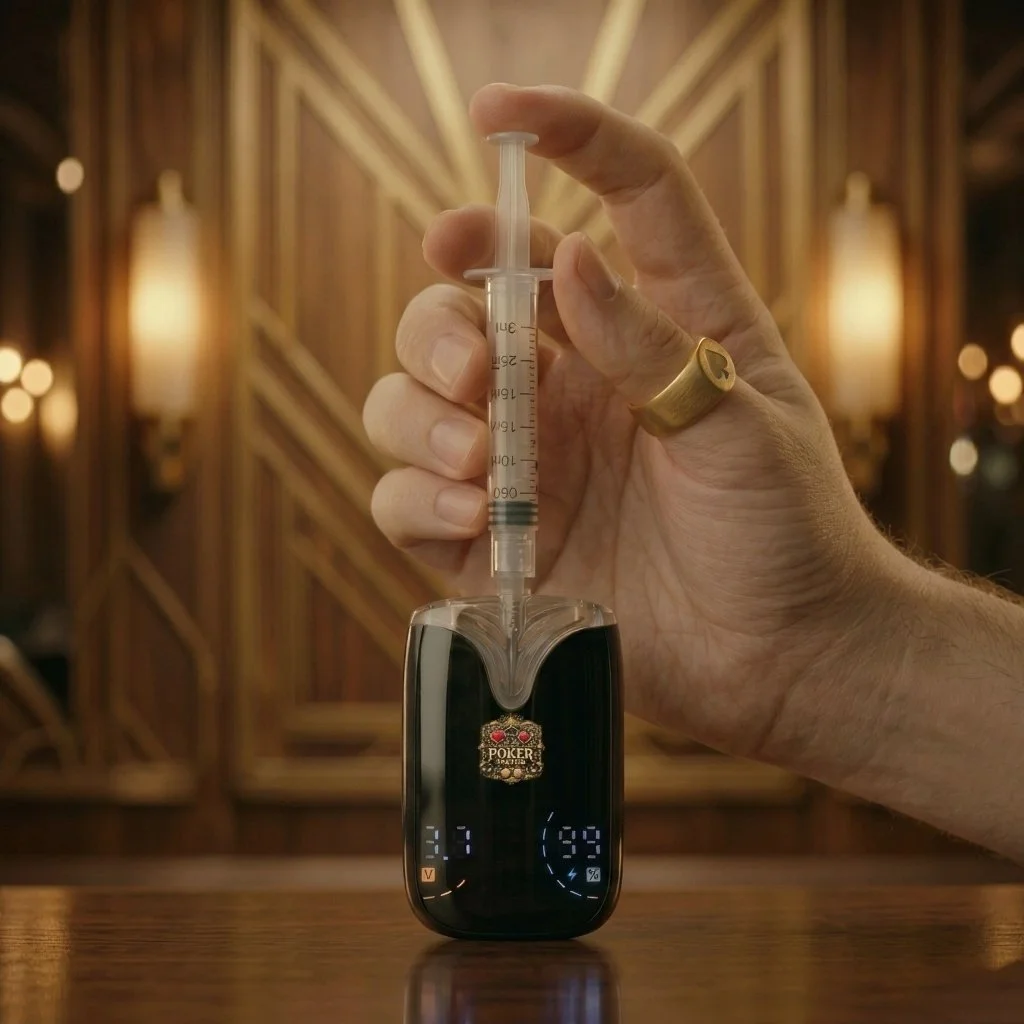 A hand holding a syringe with a poker chip attached, standing over a digital poker table tuner with a wooden background.