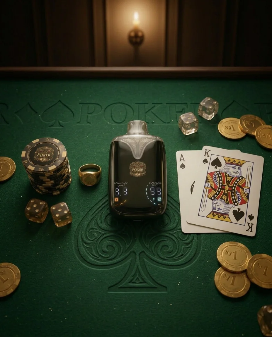 A poker table with a digital poker device, two ace and king playing cards, poker chips, and dice.