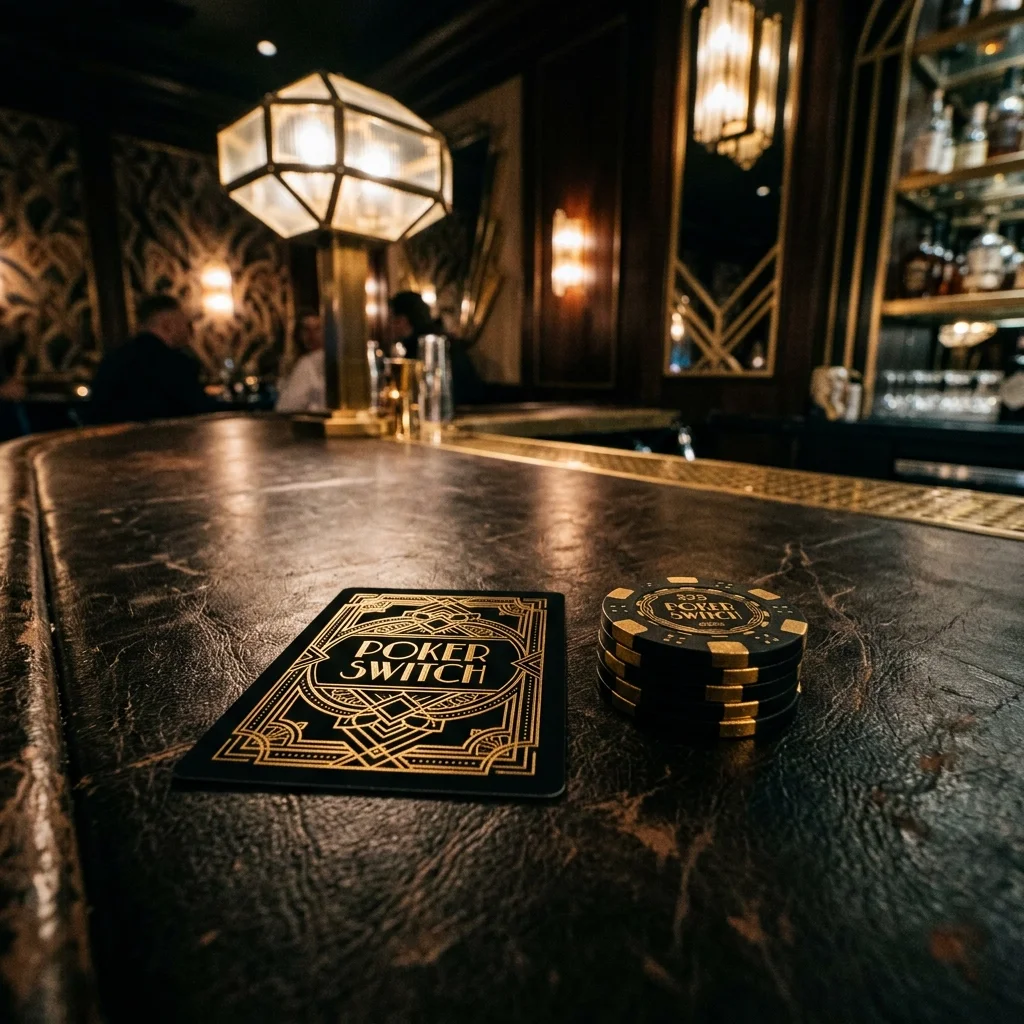 Poker cards and chips on a black leather table in a dimly lit bar or casino setting with people in the background.