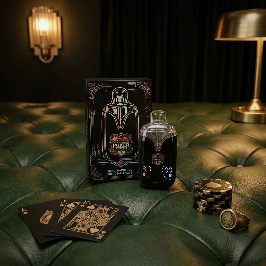 Poker set with playing cards, poker chips, and an electronic vaping device on a green leather surface in a dimly lit room.