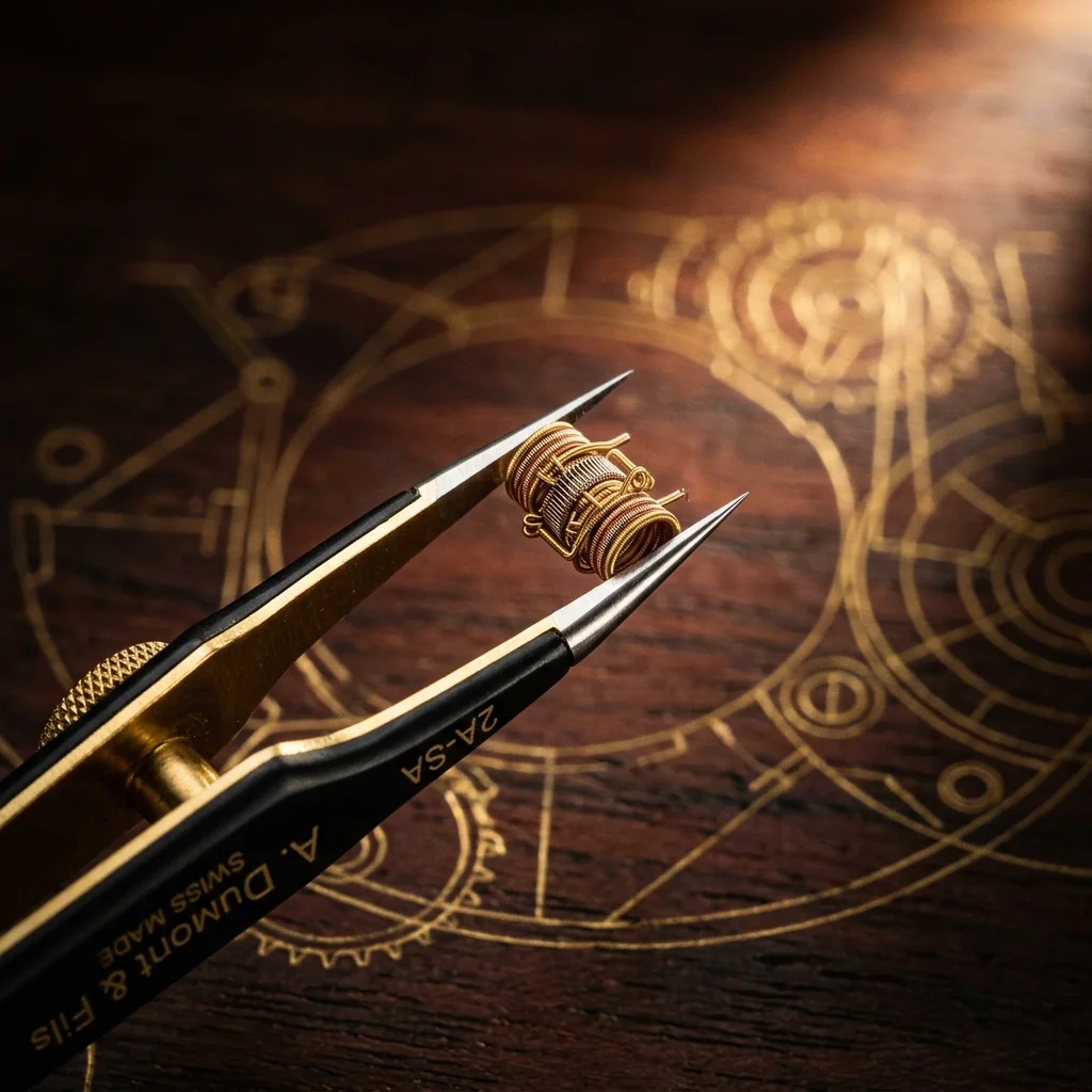 A pair of precision craft tweezers holding a miniature gold wire coil against a dark wooden background with a faint golden alchemical or astrological diagram.