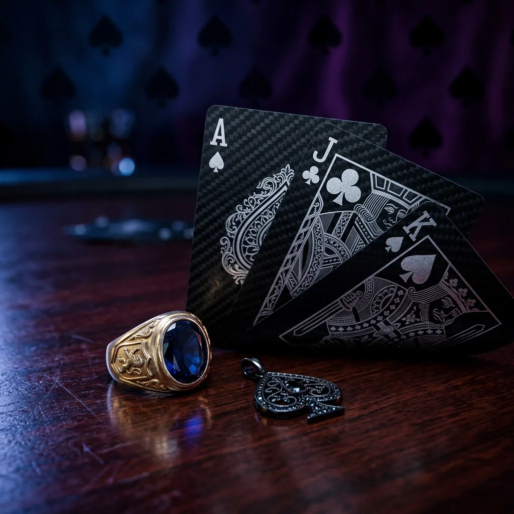 A set of four playing cards (Ace of Spades, Jack of Clubs, Queen of Clubs, King of Hearts), a gold ring with a blue gemstone, and a black spade-shaped pendant with decorative details, arranged on a dark wooden surface.