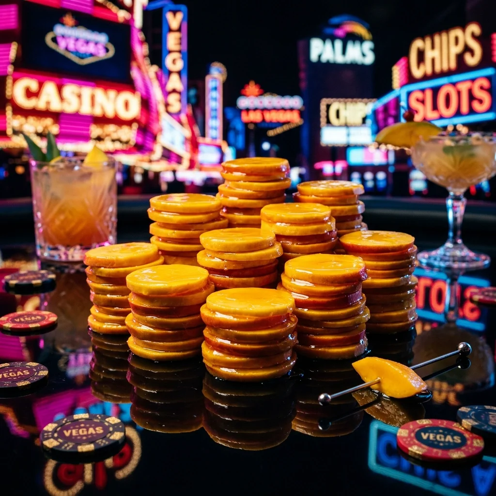 Vegas Mango Gold vape flavor by Poker Switch Bar featuring mango slices stacked like poker chips on a Vegas casino table.