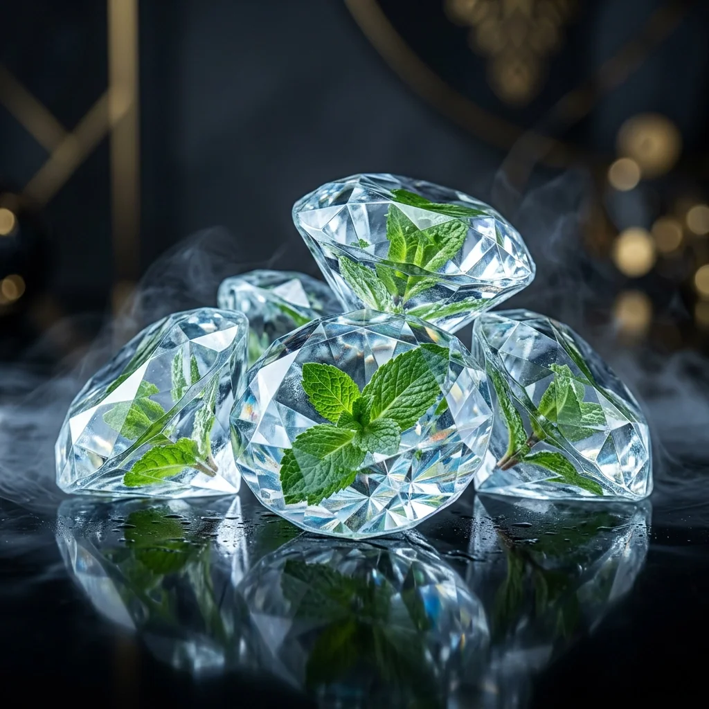 Diamond Mint Rush vape flavor by Poker Switch Bar with fresh mint leaves inside sparkling diamonds on a misty surface.