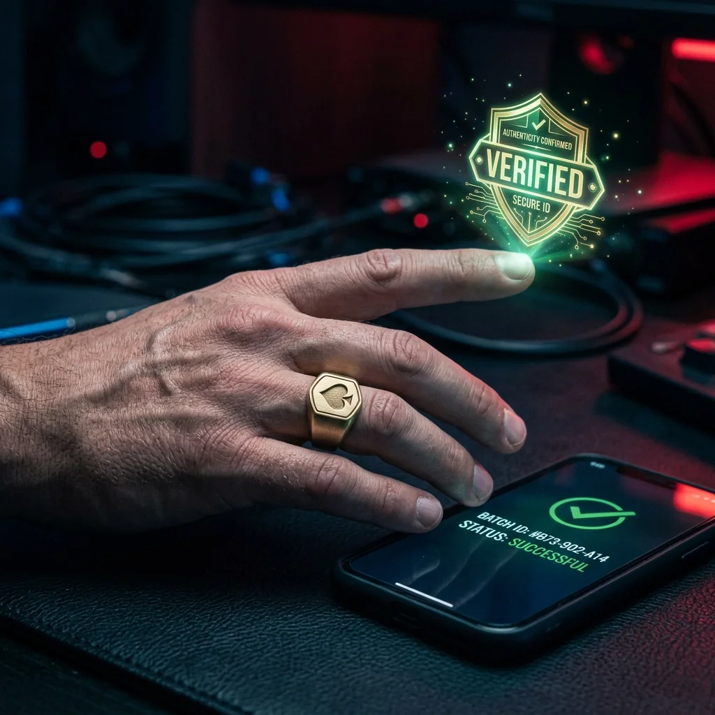 A person's hand touches a smartphone with a screen displaying a successful status and batch ID, with a digital verified badge floating above, indicating digital security verification.