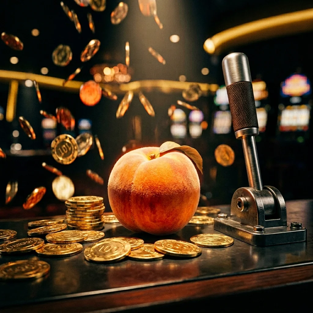 Peach Jackpot flavor by Poker Switch Bar featuring a fresh peach, gold coins, and a slot machine lever.
