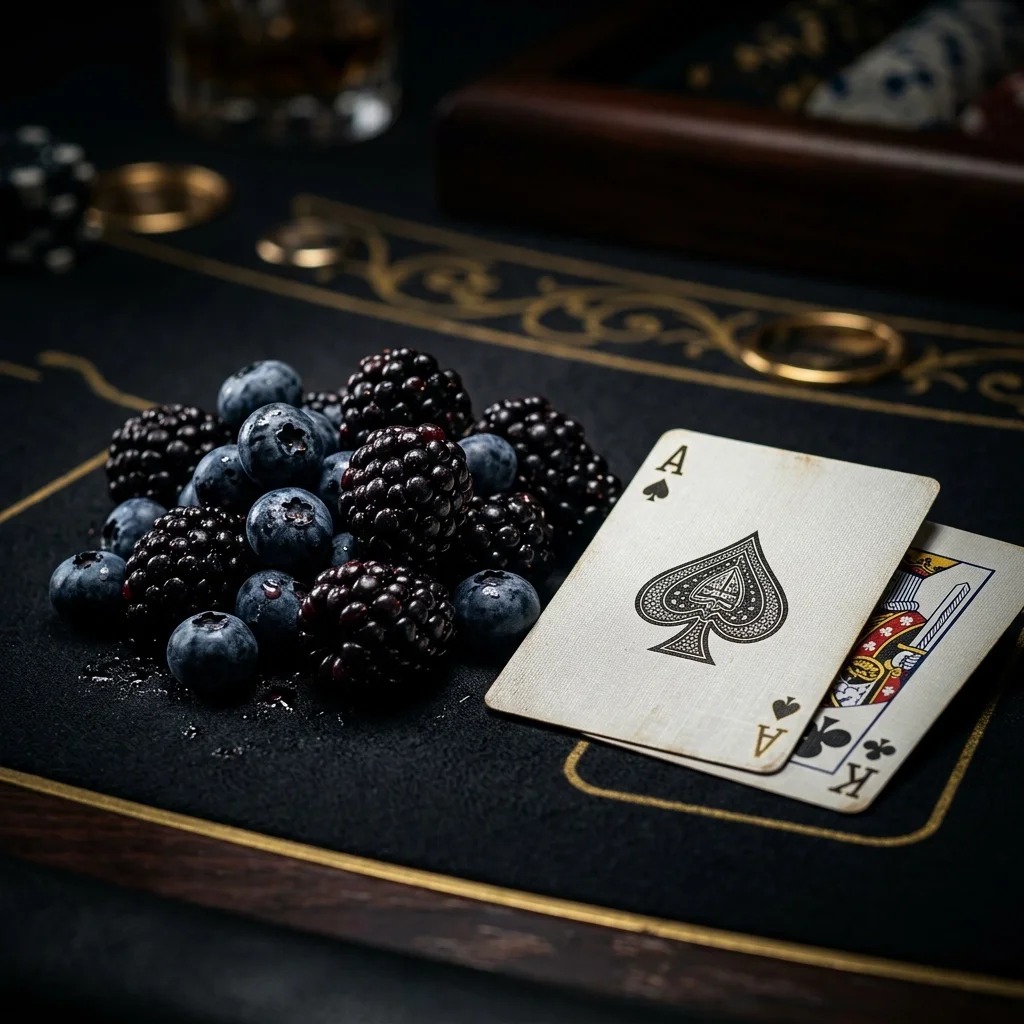 Black Jack Berry flavor with blackberries by Poker Switch Bar, blueberries, and a winning Blackjack hand on a felt poker table.