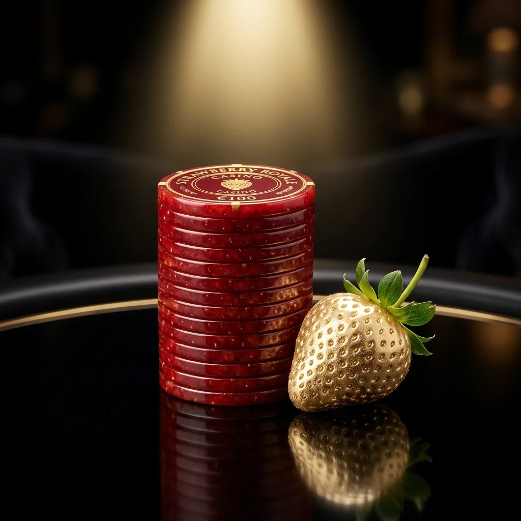 A stack of ten red casino chips with a gold-flaked white strawberry with green leaves beside it, all on a shiny black surface reflecting the items, set against a dark background with a spotlight shining on the chips and strawberry.