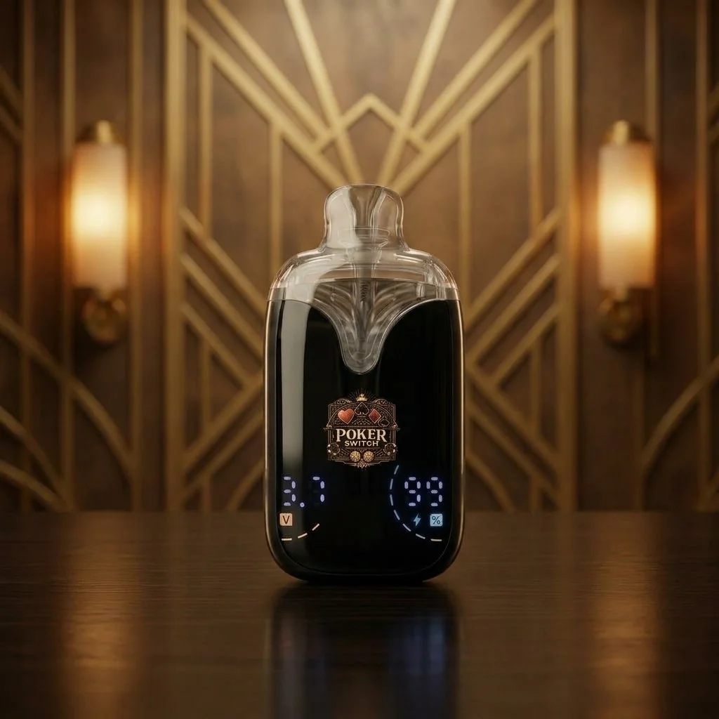 A sleek digital poker scoreboard displaying odds and stats, placed on a wooden table with art deco decor and wall sconces in the background.