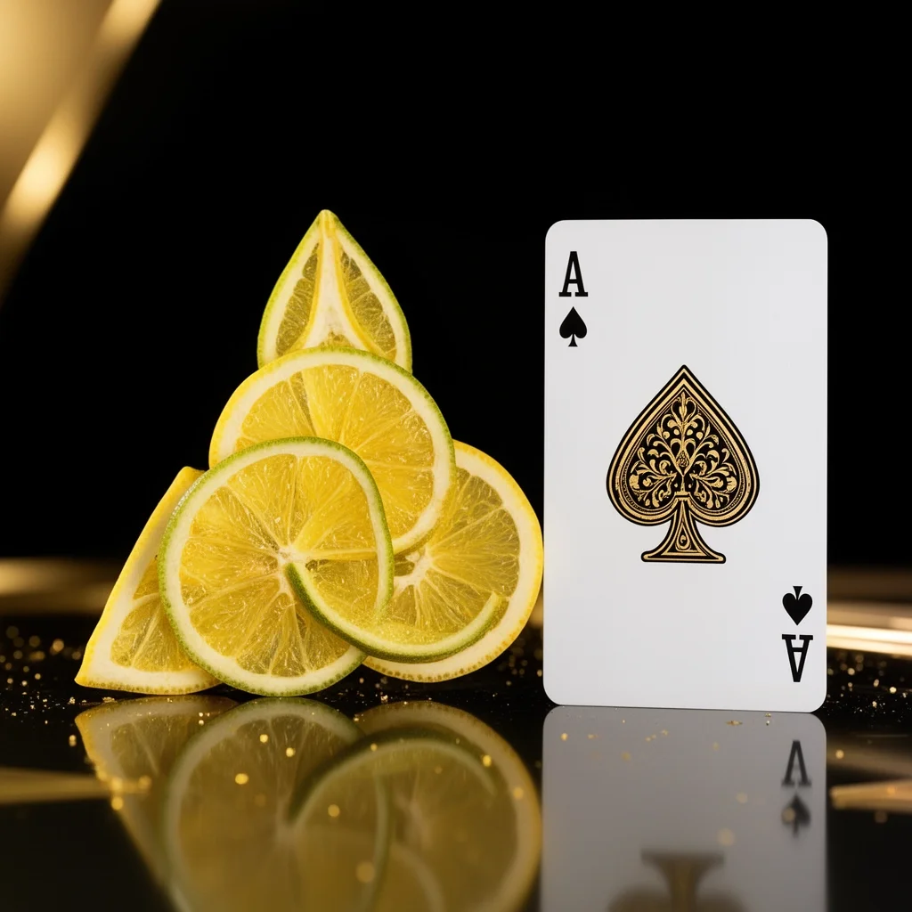 Ace High Citrus flavor By poker switch bar featuring fresh lemon and lime slices with a gold Ace of Spades card.