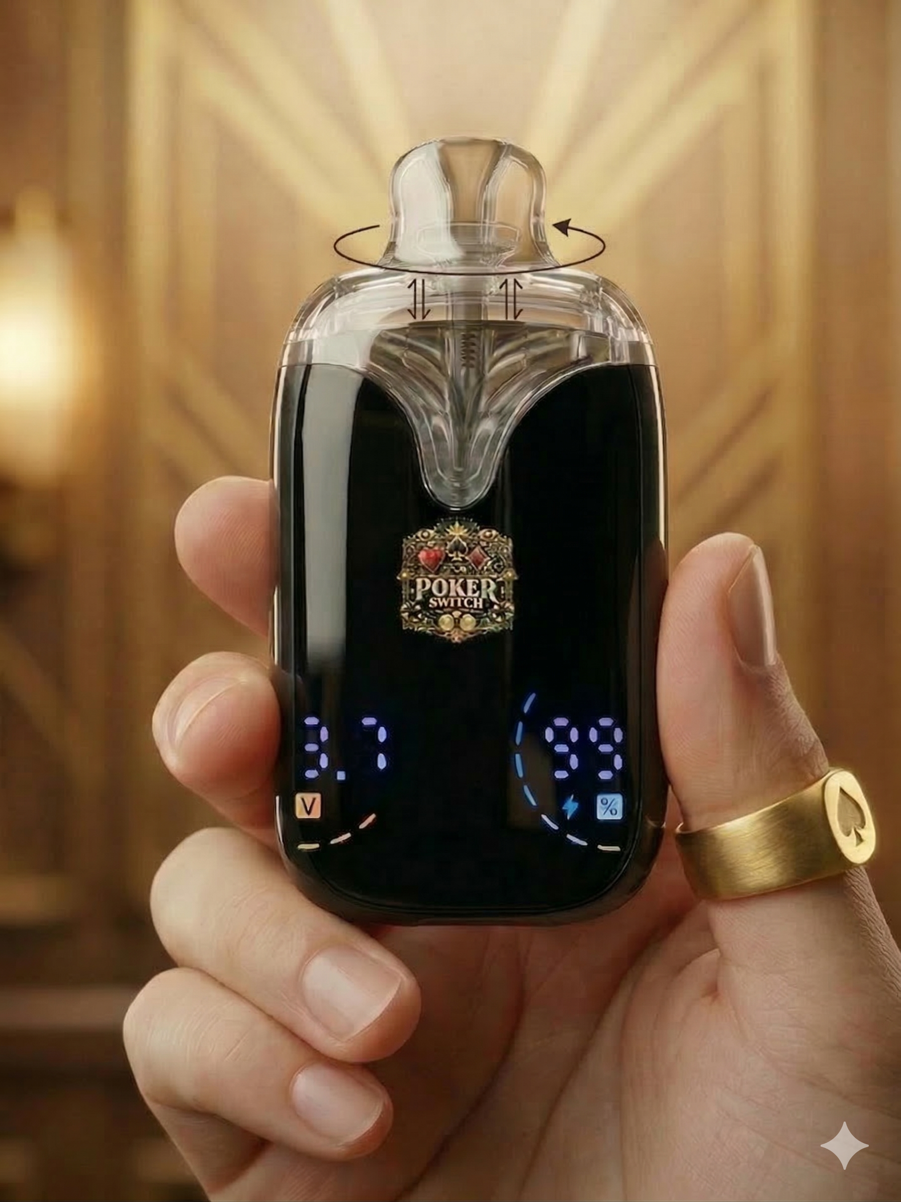 A close-up of a handheld portable device with digital display screens, showing various symbols and numbers, held by a person's hand with a gold ring on their finger.