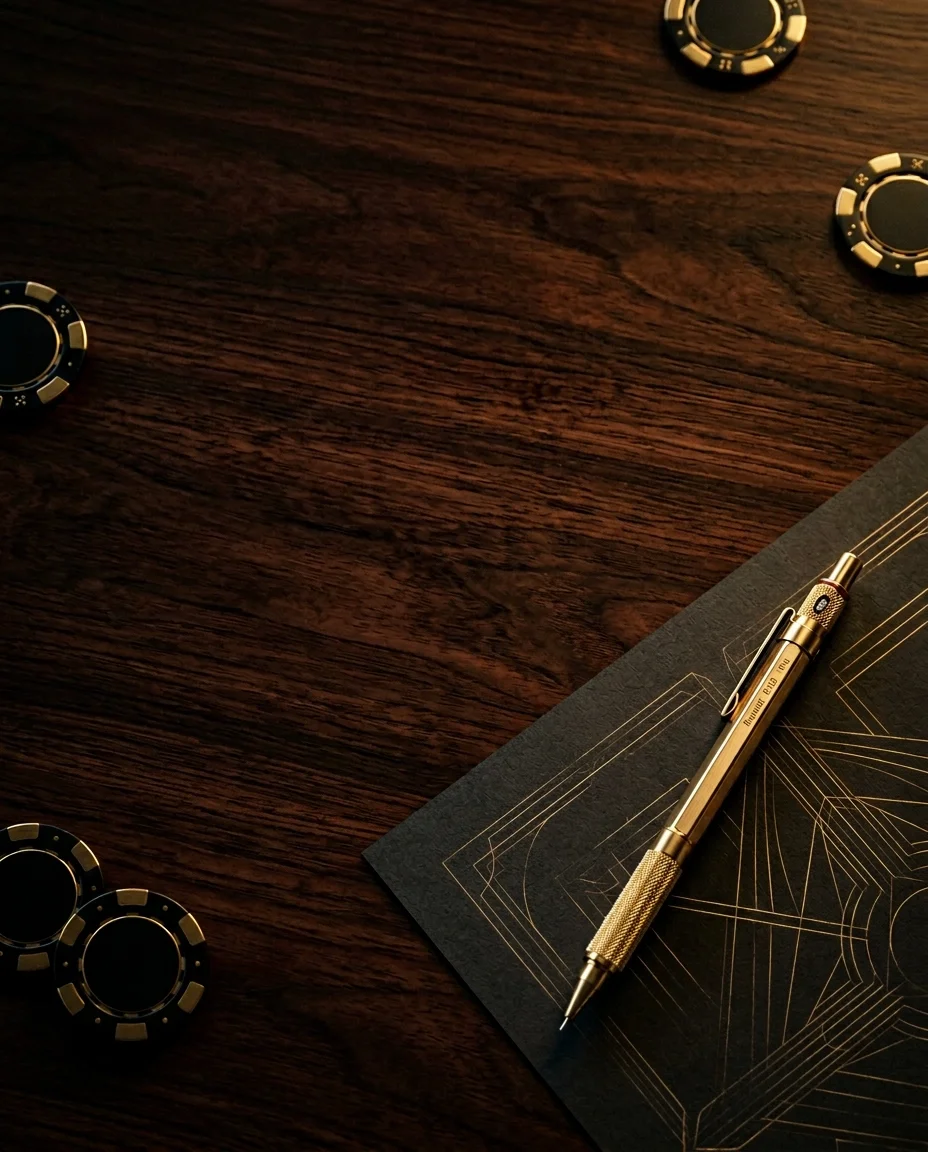 A dark wooden table with a gold mechanical pencil, black and gold poker chips, and a black notebook with gold geometric lines.
