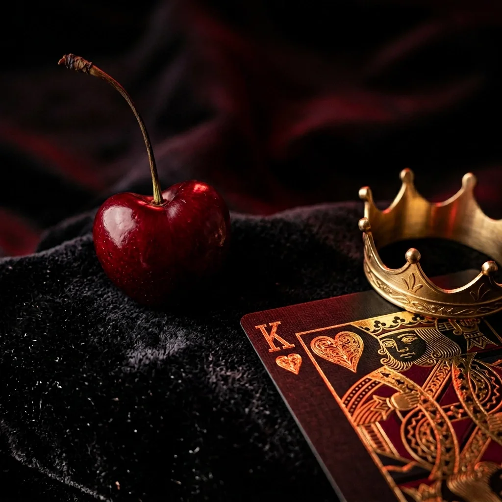 Close-up shot of the Poker Switch Bar King of Hearts Cherry flavor experience, featuring a glossy red cherry and a golden King of Hearts playing card on textured black velvet with a miniature gold crown.