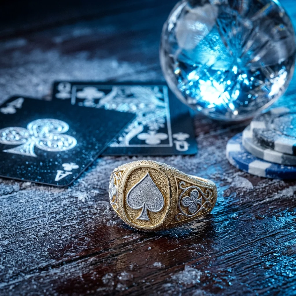 A gold and silver ring with a spade symbol in the center, surrounded by playing cards with club and spade suits, a blue crystal ball, and poker chips on a snow-dusted wooden surface.
