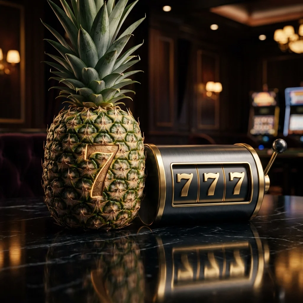 Lucky 7 Pineapple flavor by Poker Switch Bar featuring a pineapple with a carved gold 7 and a jackpot slot machine display.