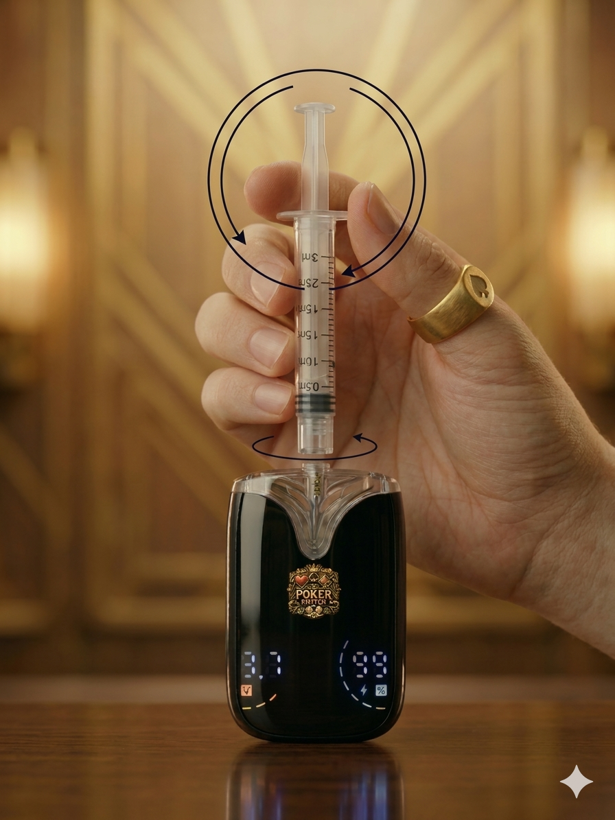 A hand holding a syringe above a poker game device, with the background showing a warmly lit room.