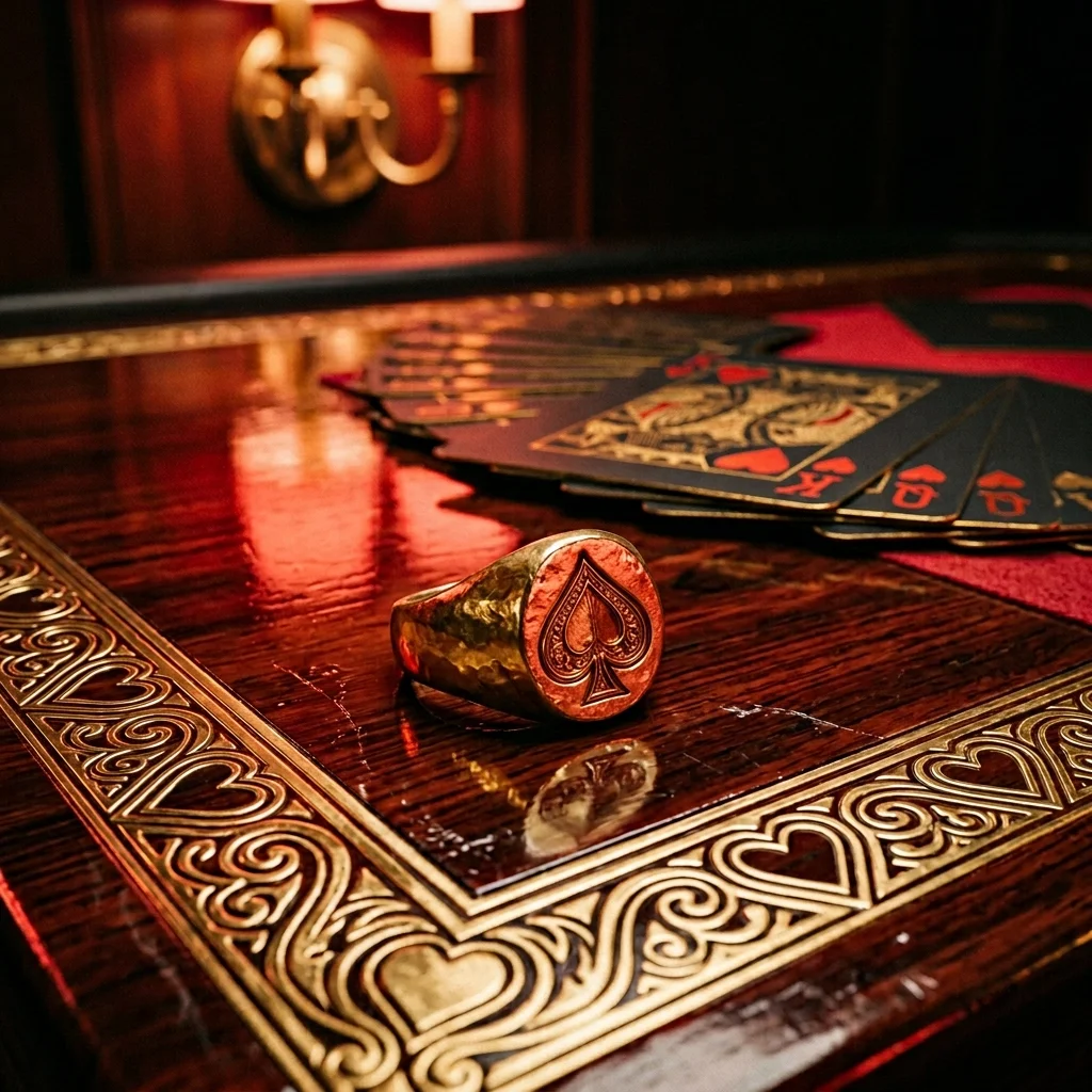 Close-up of a gold ring with a heart-shaped design on top, placed on a polished wooden table with intricate golden patterns, with playing cards and a candelabra in the background.