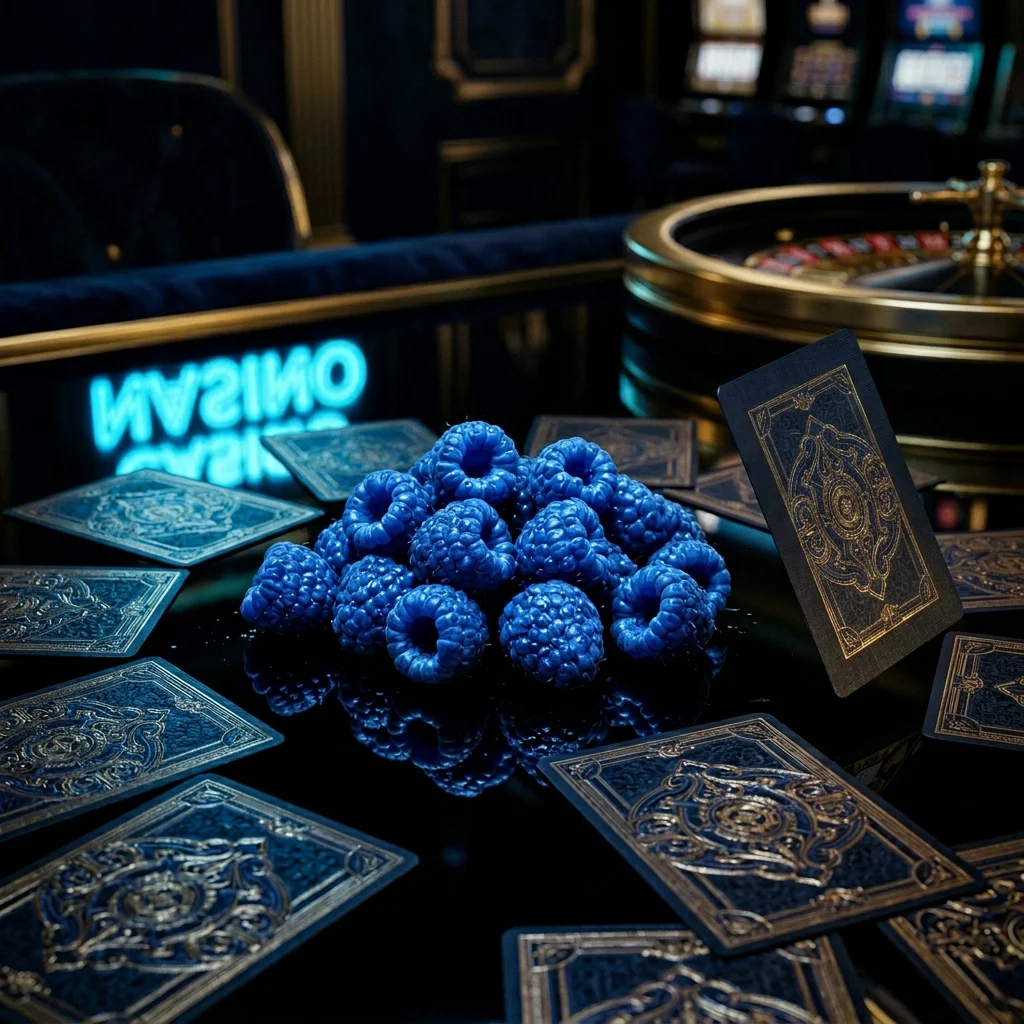 Dealers Choice Blue Razz flavor by Poker Switch Bar with blue raspberries and gold playing cards on a poker table.