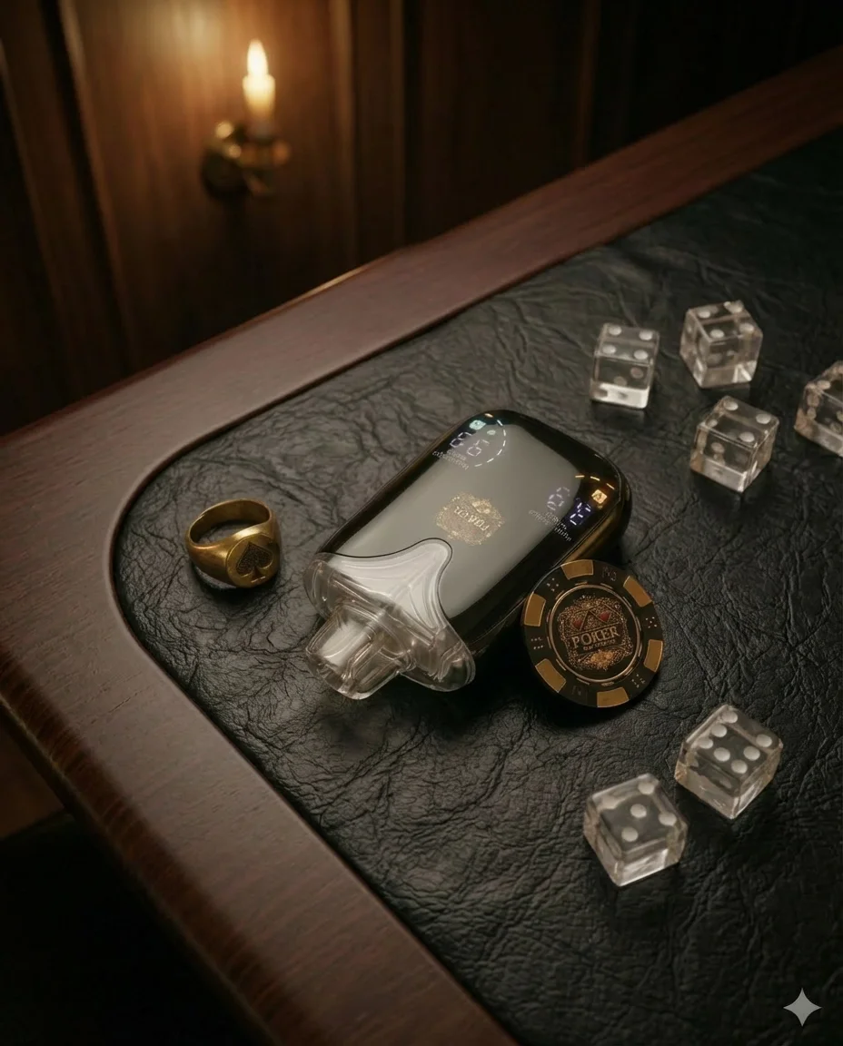 A vintage casino table with dice, poker chips, a smartphone, a ring, and a glass dabbing device.